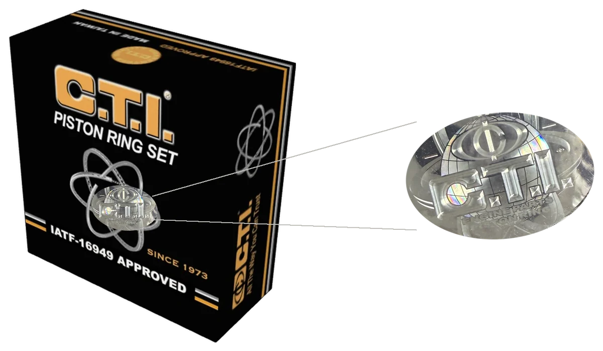 The C.T.I. silver holographic seal, carried on the outer packaging of every box. Tilt it and rainbow colour and depth appear across the surface — something ordinary printing cannot reproduce. (Seat-type carton shown; packaging varies by product.)