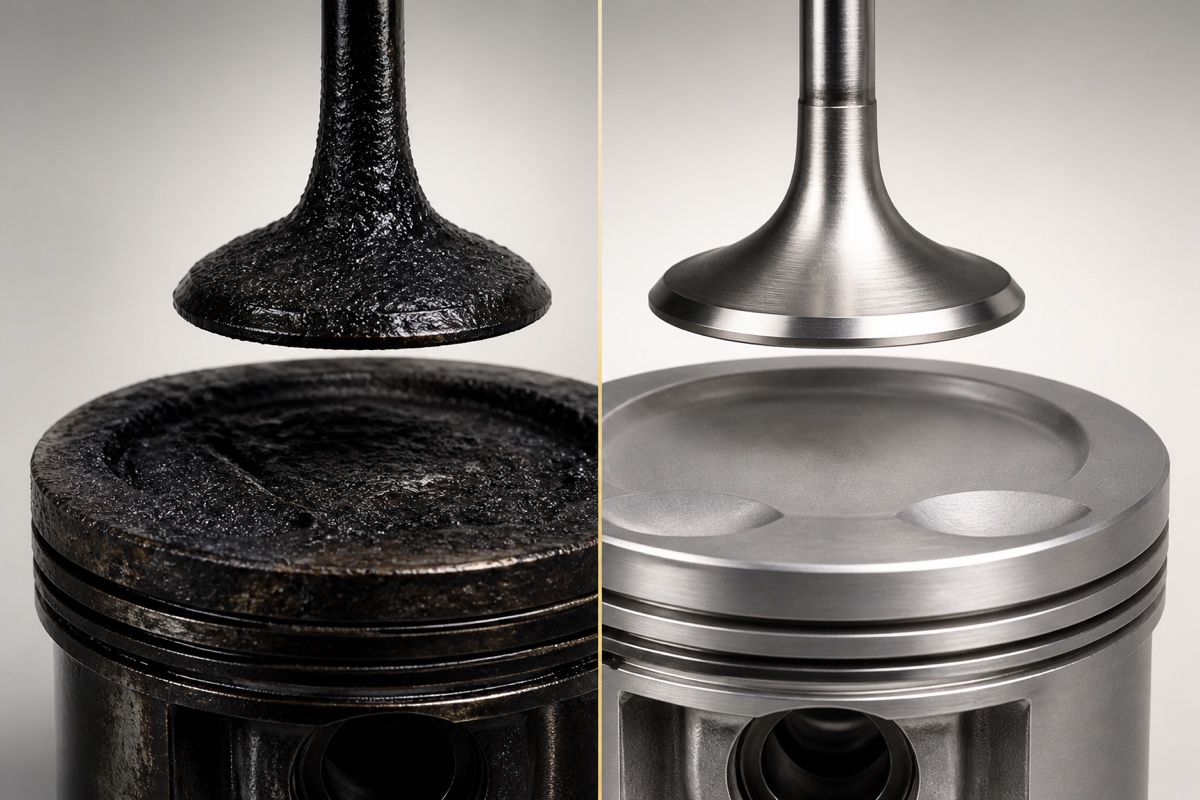 Side-by-side comparison of the same intake valve and piston crown: heavy black carbon deposits on the left, a clean metal surface on the right