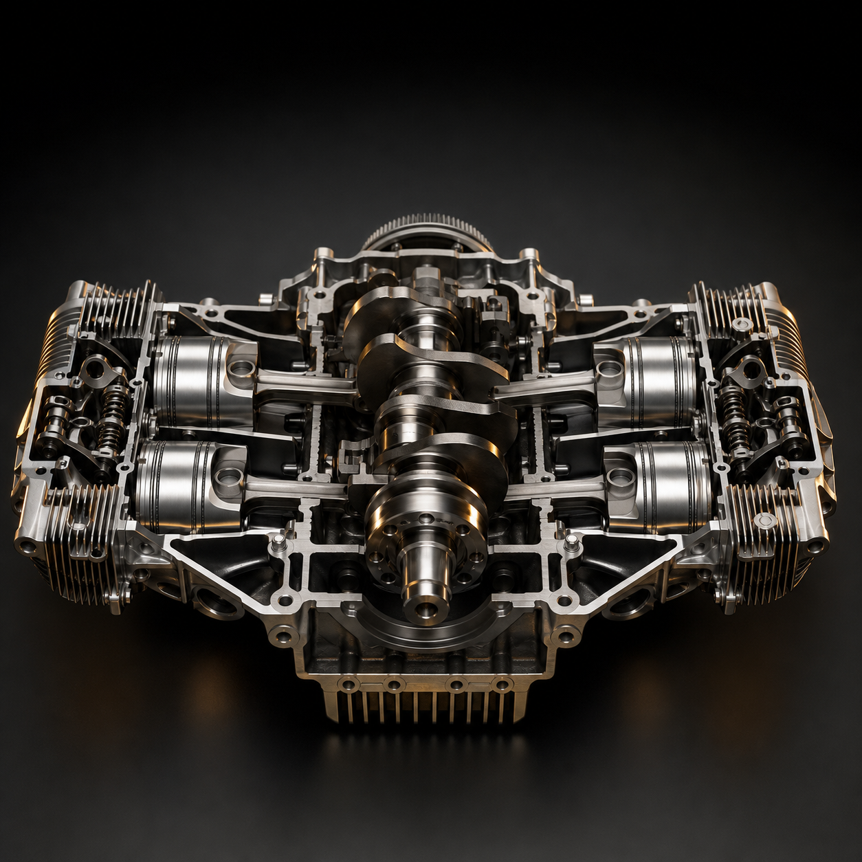 Boxer engine cross-section: left and right pistons punching against each other around a central crankshaft