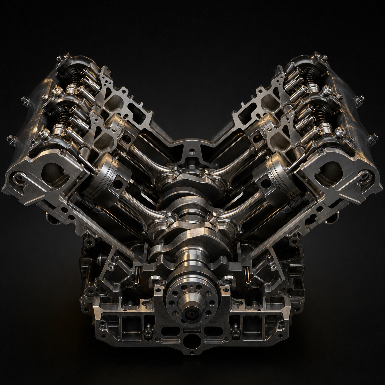 V-type engine cross-section: two banks of cylinders forming a V, sharing one crankshaft