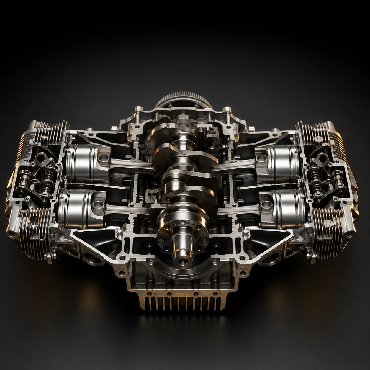 Boxer engine cross-section: left and right pistons punching against each other around a central crankshaft
