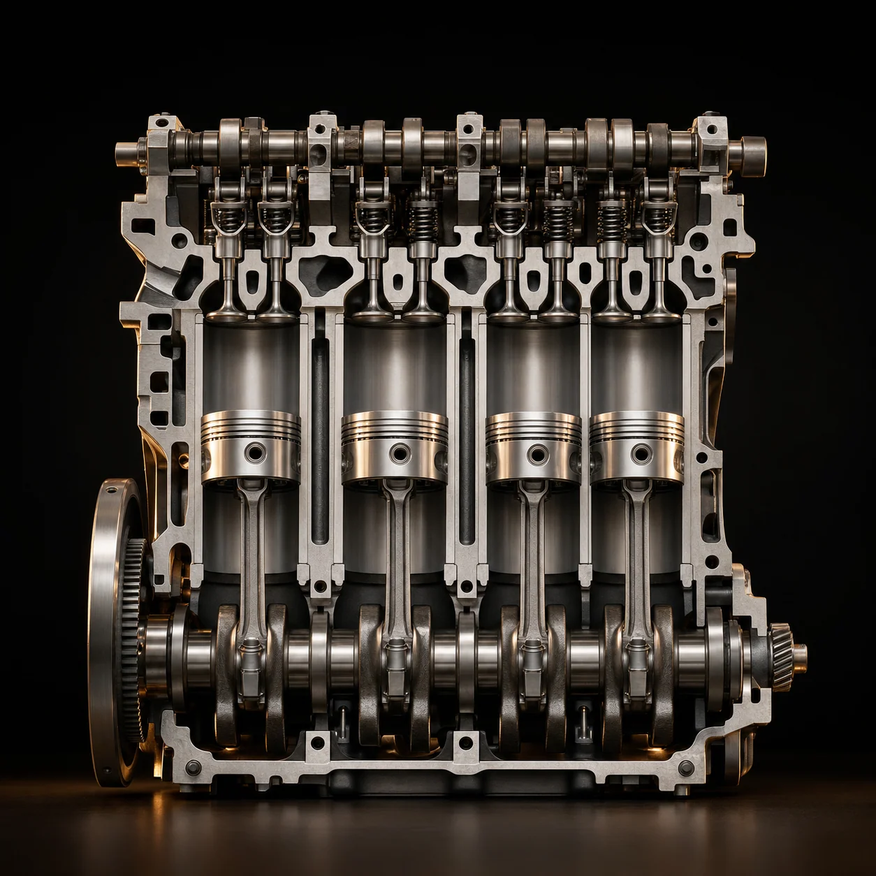 Engine cross-section: piston, connecting rod, crankshaft, and the piston rings at the top of the piston
