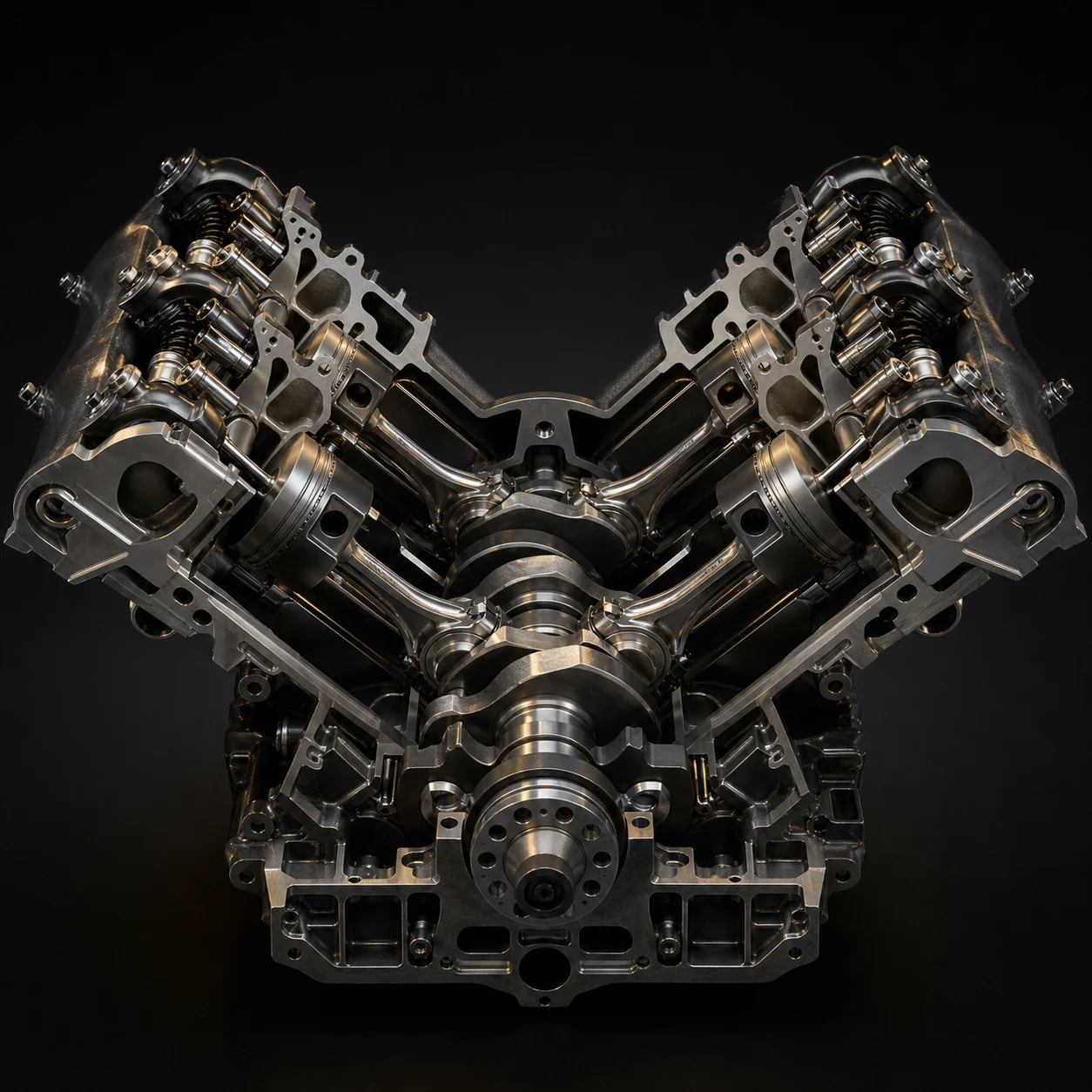 V-type engine cross-section: two banks of cylinders forming a V, sharing one crankshaft