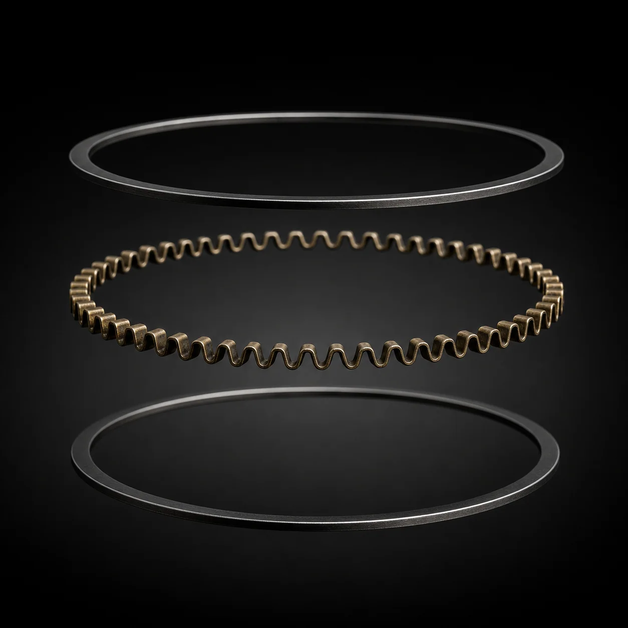 3-piece oil ring: two side rails top and bottom sandwiching a spacer expander in the middle